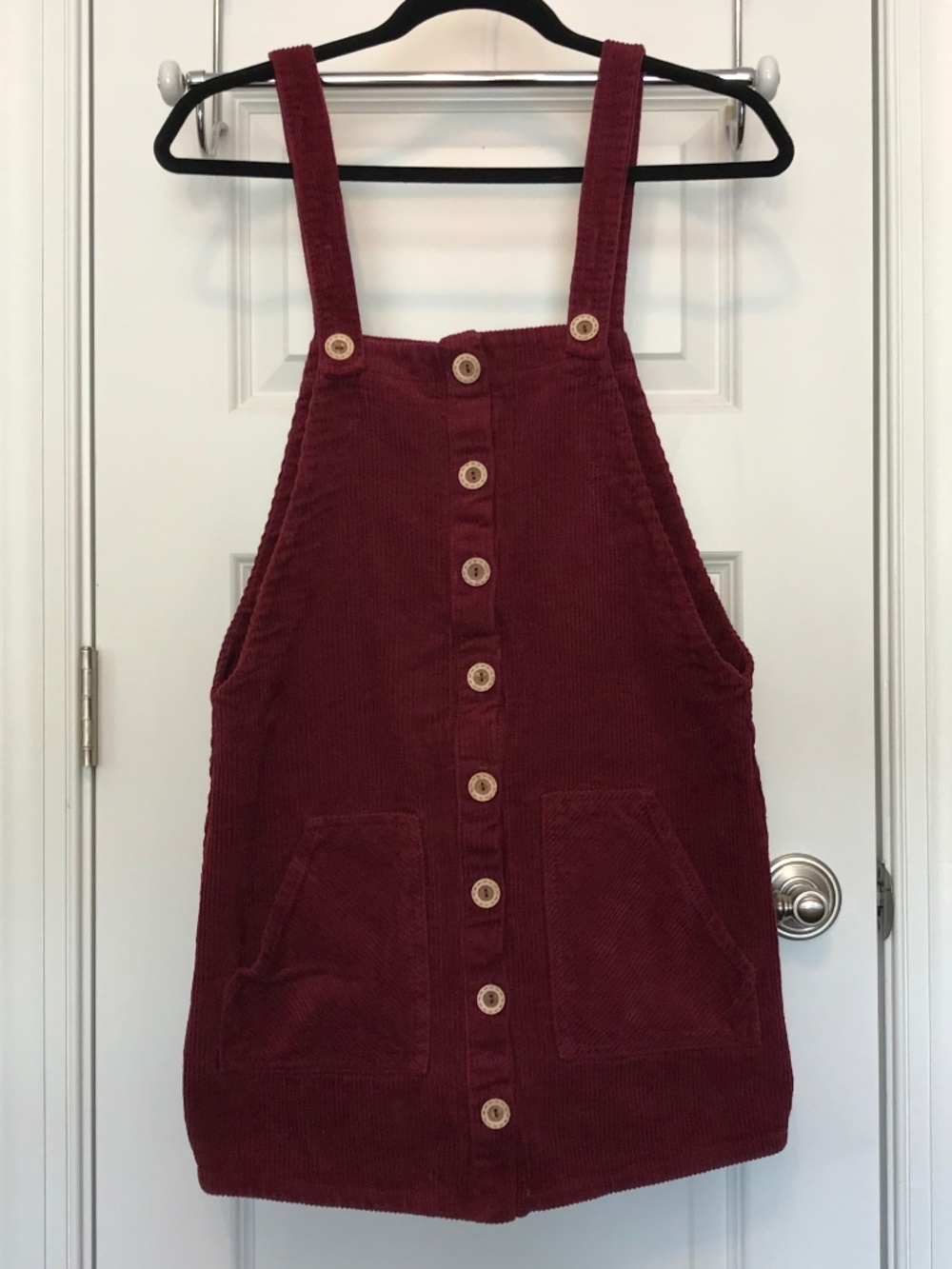 Forever 21 maroon corduroy overalls-style dress with decorative buttons (M)